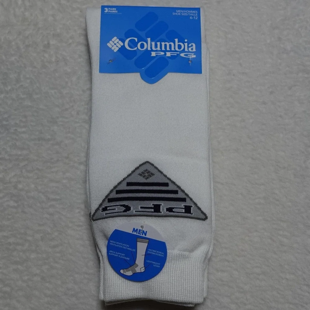 Columbia PFG Crew Socks Men 6-12 White 3-Pack Performance Fishing Gear RCL392MAP